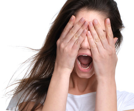 Close up portrait of woman angry yelling frustrated screaming ou