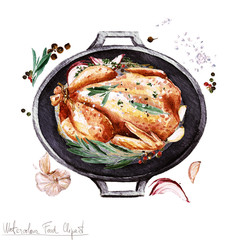 Watercolor Food Clipart - Chicken in a cooking pot
