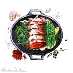 Foto op Plexiglas Watercolor Food Clipart - Rolled brisket cut in a cooking pot © nataliahubbert