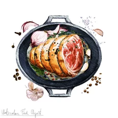 Foto op Canvas Watercolor Food Clipart - Ham in a cooking pot © nataliahubbert