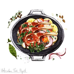 Tuinposter Watercolor Food Clipart - Ribs in a cooking pot © nataliahubbert