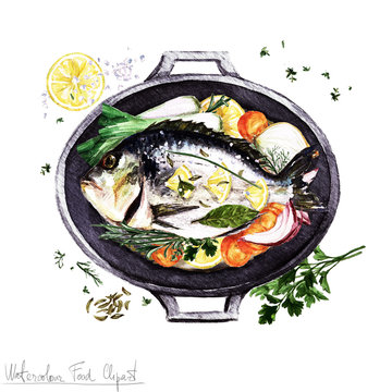 Watercolor Food Clipart -  Fish in a cooking pot