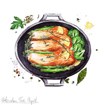 Watercolor Food Clipart -  Salmon in a cooking pot