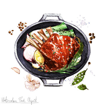 Watercolor Food Clipart - Ribs in a cooking pot
