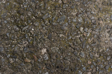Rough concrete floor with moss and small stones background texture