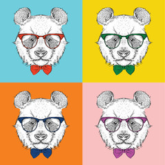 Illustration of panda hipster dressed up in jacket, pants and sweater. Vector illustration