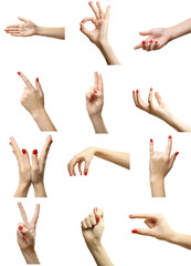 Set of female hands gestures, isolated on white