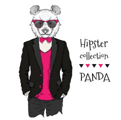 Fototapeta premium Illustration of panda hipster dressed up in jacket, pants and sweater. Vector illustration