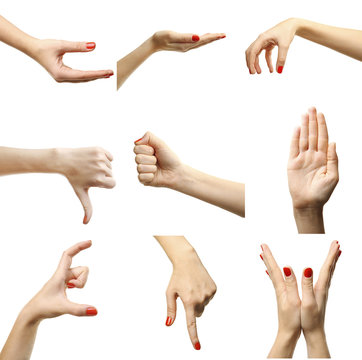 Set of female hands gestures, isolated on white