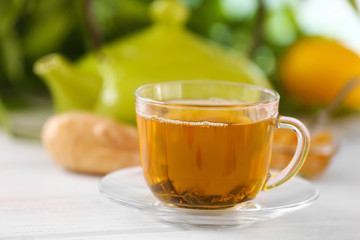 Glass cup of green tea