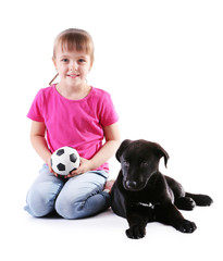 Little cute girl with puppy isolated on white