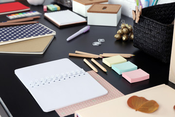 Office and school set with stationery and notebooks on a table