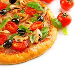 Delicious tasty pizza with vegetables, isolated on white