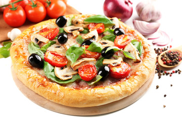 Delicious tasty pizza with vegetables on light background