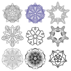Set of vector monochrome flower mandala on a contrasting background. Snowflake
