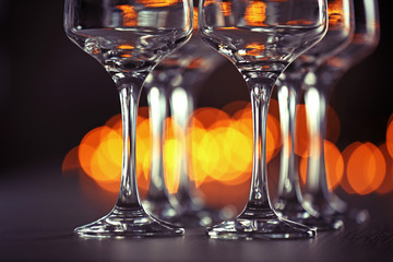 Empty wineglasses on a table, close up