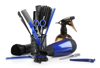 Barber set with tools and equipment, isolated on white