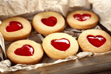 Tray with love cookies, closeup
