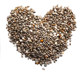 Chia seeds in heart shape, isolated on white
