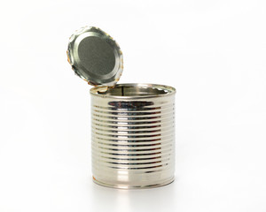 Opened can on white background