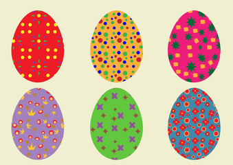 A set of colored Easter eggs with a pattern of six pieces on a w