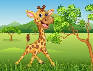 Cartoon giraffe character on jungle background © tigatelu