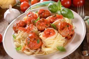 Spaghetti pasta with meat balls and tomato suace