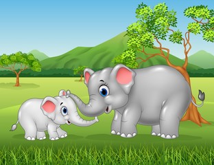 Cartoon elephant mother and calf bonding relationship in the jungle