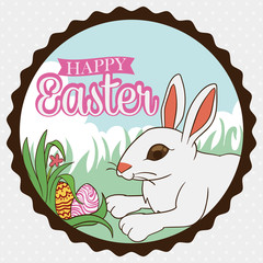 Tender Bunny Playing Outside Hide and Seek with Easter Eggs, Vector Illustration