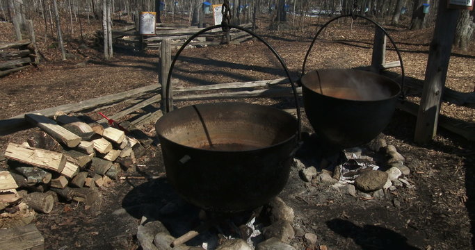 Metal pots used in the old times to produce maple syrup
