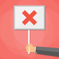 Cartoon Businessman hand hold sign with cross. negative checkmark in center. wrong choice concept, vector illustration flat design on red background.