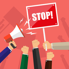 Cartoon hands of demonstrants, hand with Megaphone and stop sign, protest concept, revolution, conflict, vector illustration in flat design on red background