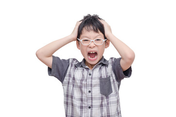 Angry child screaming over white background