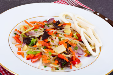 Healthy, diet: Mushrooms mun, bamboo shoots, soy sprouts, pepper