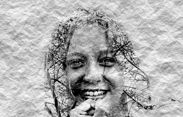 Double exposure of young girl using natural elements