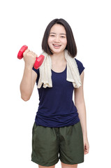 Young Asian girl smiling between exercising over white