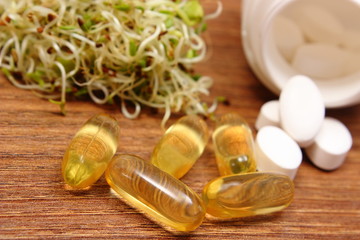 Tablets supplements with alfalfa and radish sprouts, healthy nutrition
