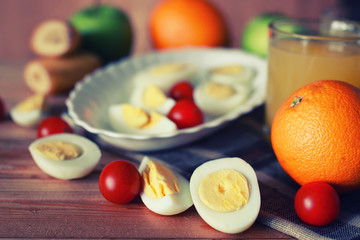 egg breakfast fruit wooden background
