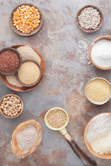 Flour and grains. An arrangement of various gluten free grains and flour. 