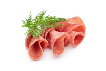Sausage slices isolated on white background cutout.