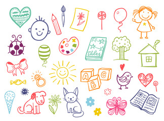 Funny children drawing vector doodle set. - 104986587