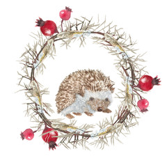 Wreath with hedgehog. Watercolor painting. Can be used for postcards, prints and design  