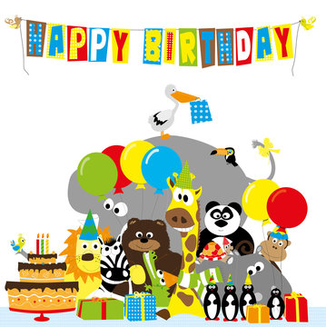 Happy birthday card with cartoon animals, birthday cake , gifts and balloons