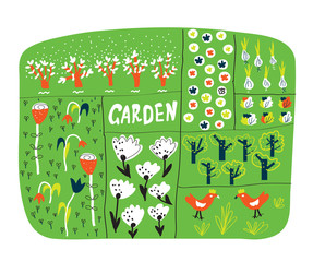 Garden plan with beds funny illustration - 104989329