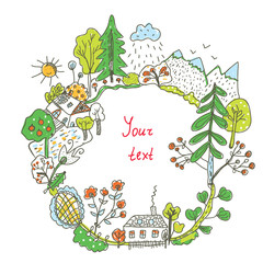 Nature doodle frame with trees, flowers, village - illustration