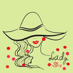 hand drawn portrait of stylish girl in hat. Good for shop logo,magazine cover, journal article, print, packaging design.