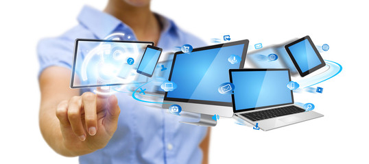 Businesswoman holding tech device in his hand