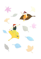 秋の枯葉と子供　切り絵