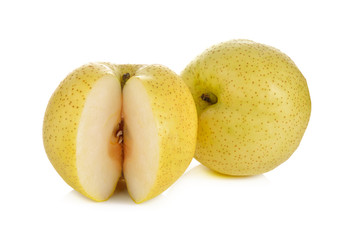 whole and cut pear on white background