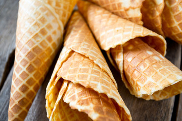 waffle cone on wooden surface